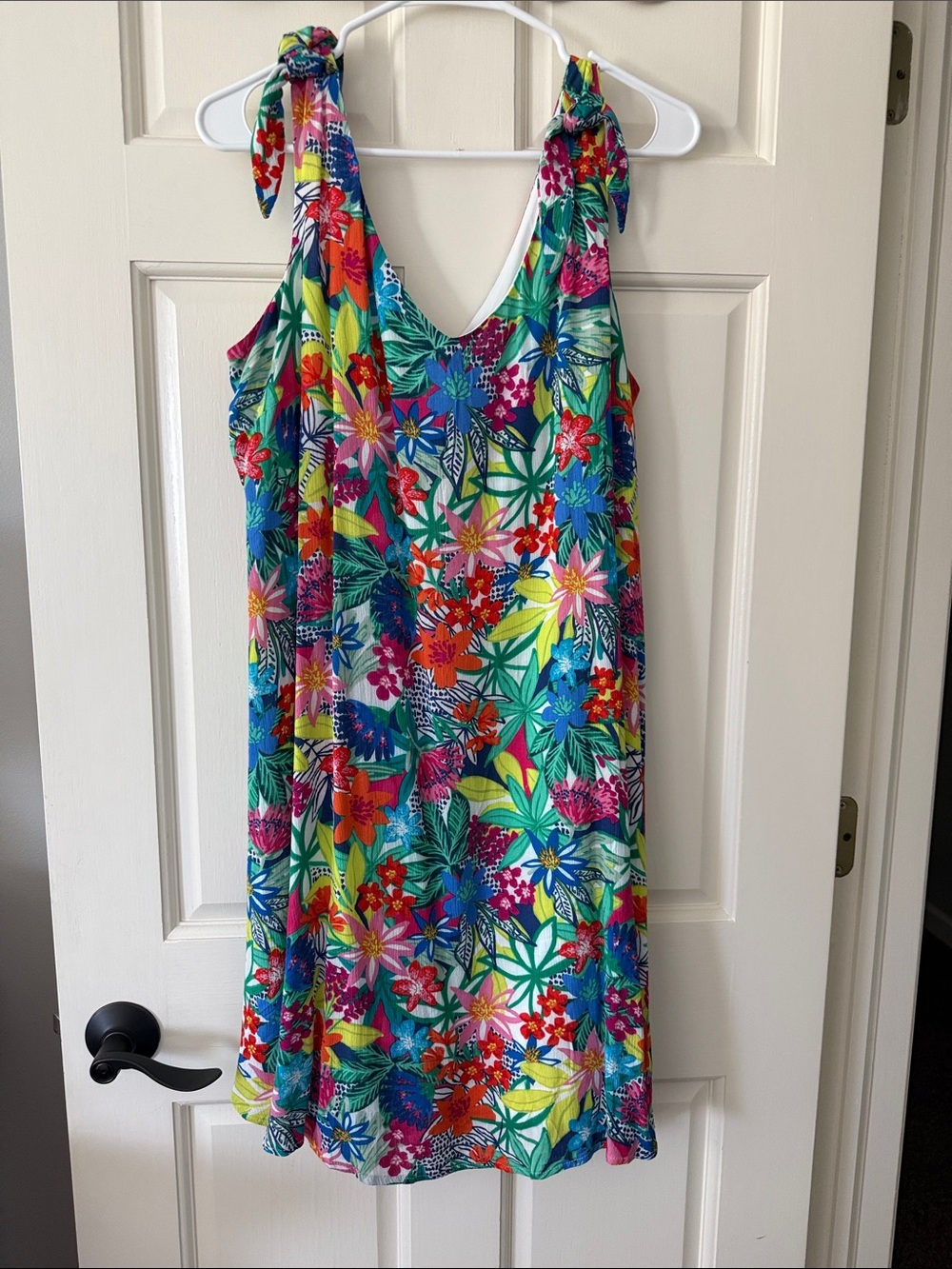 Nina Leonard Bright Multicolor Tropical Floral Tie-Shoulder Dress
